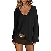 Dqbeng Womens V Neck Oversized Sweater Pullover Lightweight Slouchy Long Sleeve Loose Fit Casual Spring Tunic Tops