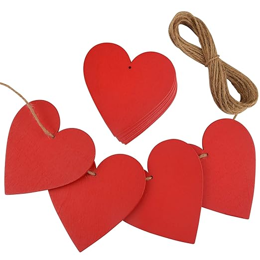TUPARKA 20 Pcs 80mm Red Wooden Hearts Hanging Hearts Decorations Wooden