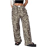 RoseSeek Women's Letter Leopard Print Straight Leg Pants Elastic Waist Y2K Trousers Bottoms with Pockets
