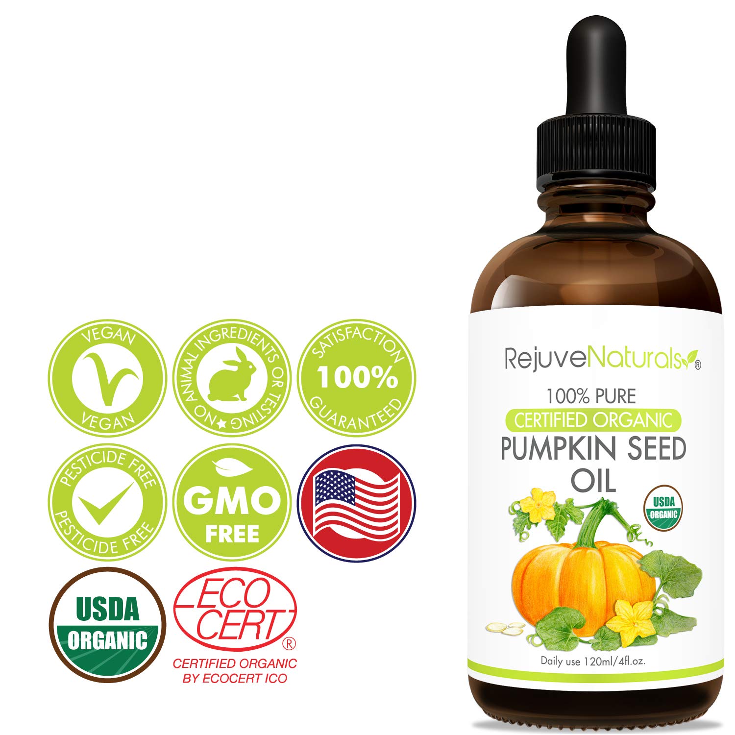Organic Pumpkin Seed Oil (LARGE 4-OZ Bottle) USDA Certified Organic, 100% Pure, Cold Pressed. Boost Hair Growth for Eyelashes, Eyebrows & Hair. Overactive Bladder Control for Men & Women. Moisturizer: Beauty