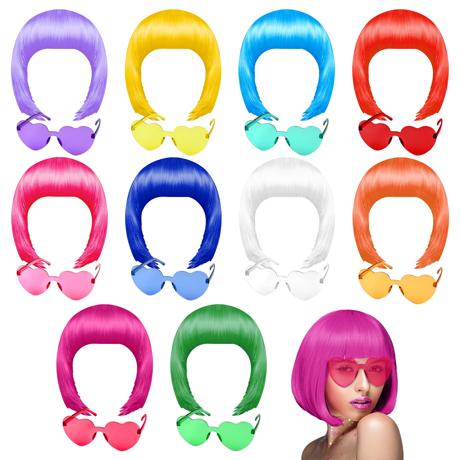 Photo 1 of PLULON 20 Pieces Party Wigs and Sunglass Set, Neon Short Bob Wig Sunglass Pack Costume Colorful Cosplay Wig Daily Party Hairpieces for Bachelorette Neon Party Favors, Halloween Decorations