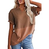 SHEWIN Womens Casual V Neck Waffle Knit Tops Short Sleeve T Shirts Loose Blouses