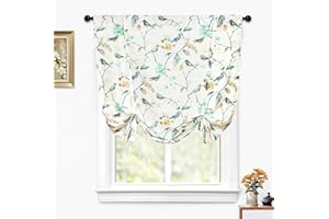 Leeva Tie Up Balloon Window Shades for Kitchen, Green Vivid Birds Printed Pattern Thermal Insulated Shades Curtain for Small Windows, 45 x 63 Inch, One Panel
