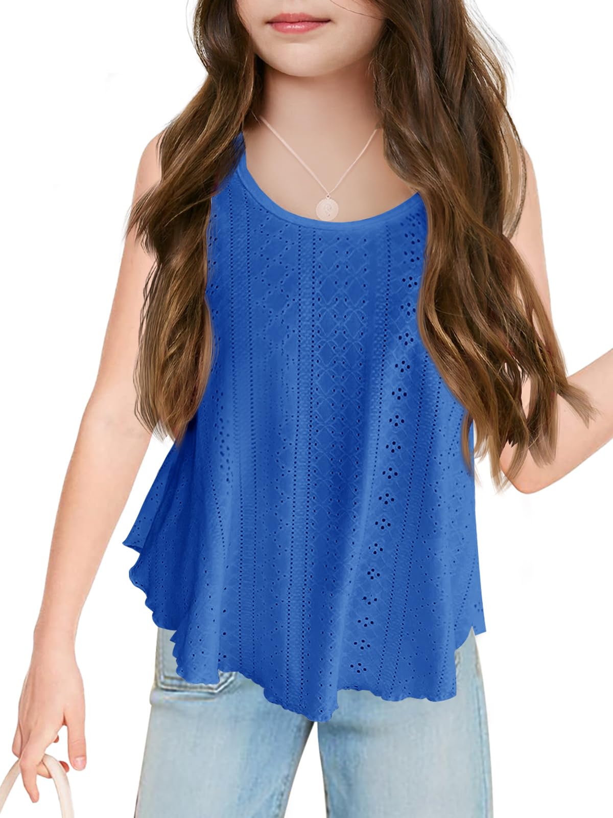 Photo 1 of ***SMALL HOLE IN FRONT***Girls Eyelet Flowy Tank Tops Cute Summer Spaghetti Strap Tops Kids Fashion Embroidery Sleeveless Shirts Blue