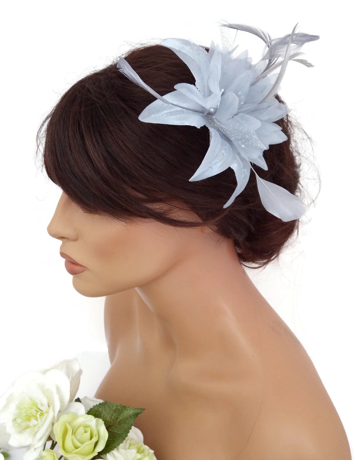 Feather and Flower Hair comb slide Fascinator with Glittery Spotty net Bridal Wedding Races Prom (Silver Grey) by Inca