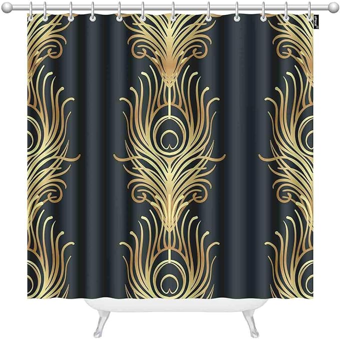 oFloral Art Deco Style Geometric Black and Gold Shower Curtain Set with 12 Hooks Jazz Era