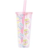 Silver Buffalo Sanrio Hello Kitty Milk Carton Pattern Plastic Boba Tumbler w Lid and Wide Straw, 24 Ounces