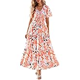 KIRUNDO Spring Summer Wedding Guest Dresses for Women 2026 Boho Floral Short Sleeve V Neck Ruffle Tiered Flowy Maxi Dress