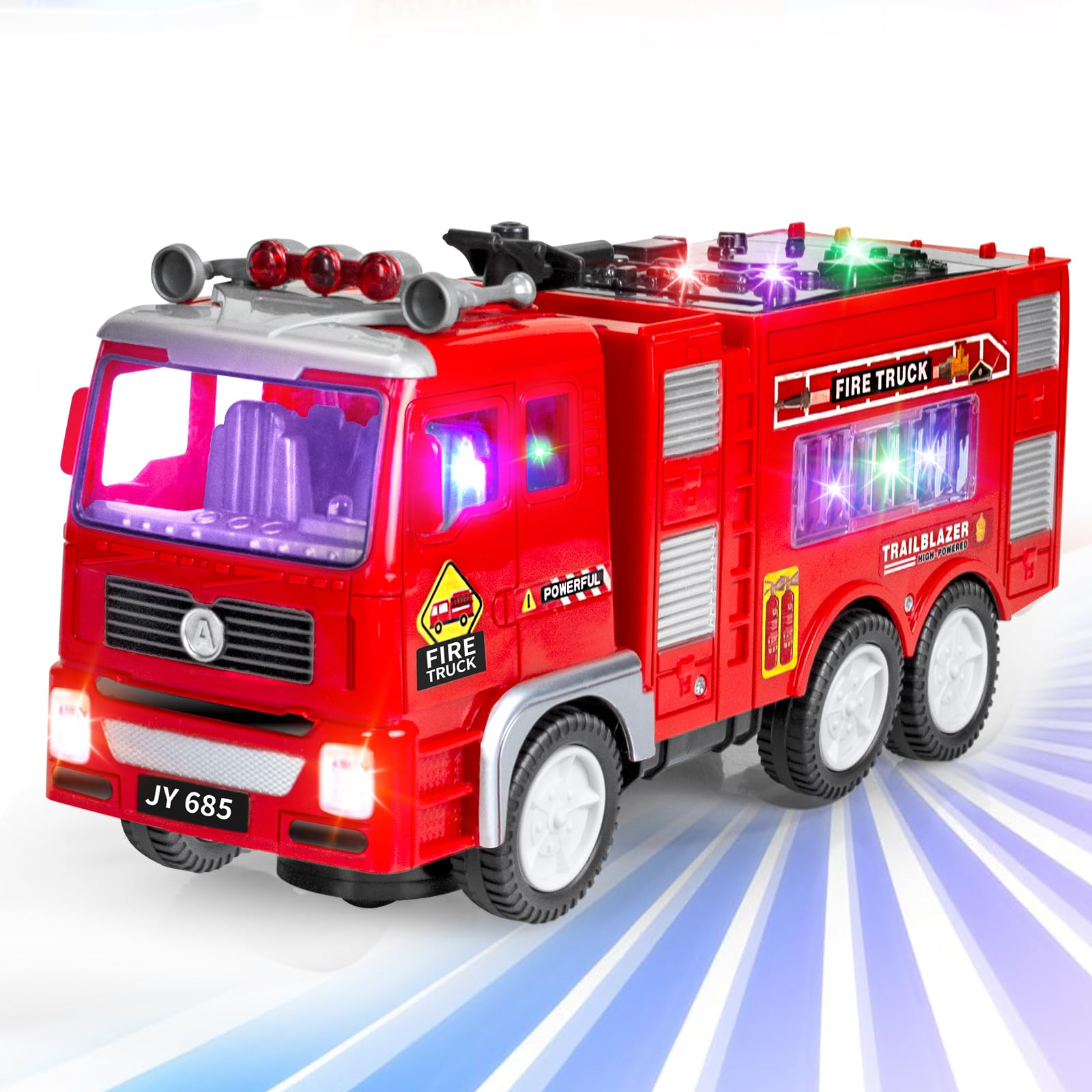 Tcvents Fire Engine Truck Toys for 3 4 5 6 Year Olds Boy Toddler, Bump and Go Firetruck with Flashing 4D Lights & Real Siren Sounds, Rescue Car Toys Gifts for Kids 3-8 Boys Girls