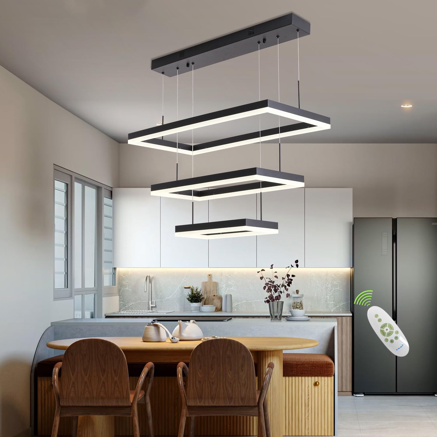 Photo 1 of Modern 3-Ring Rectangle LED Chandelier for Dining Room - Dimmable Black High Ceiling Hanging Lighting Fixture With Remote, Adjustable Foyer