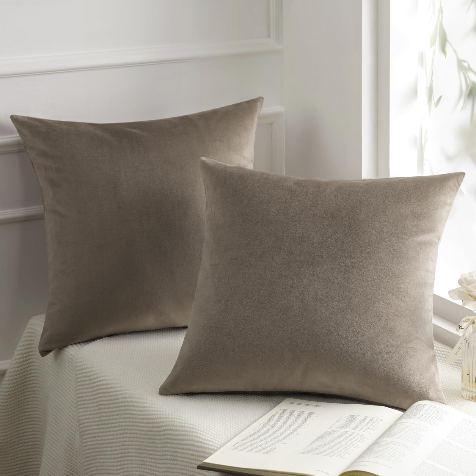 Photo 1 of Phantoscope Pack of 2 Velvet Decorative Throw Pillow Covers Soft Solid Square Cushion Case for Couch Taupe 18 x 18 inches 45 x 45 cm