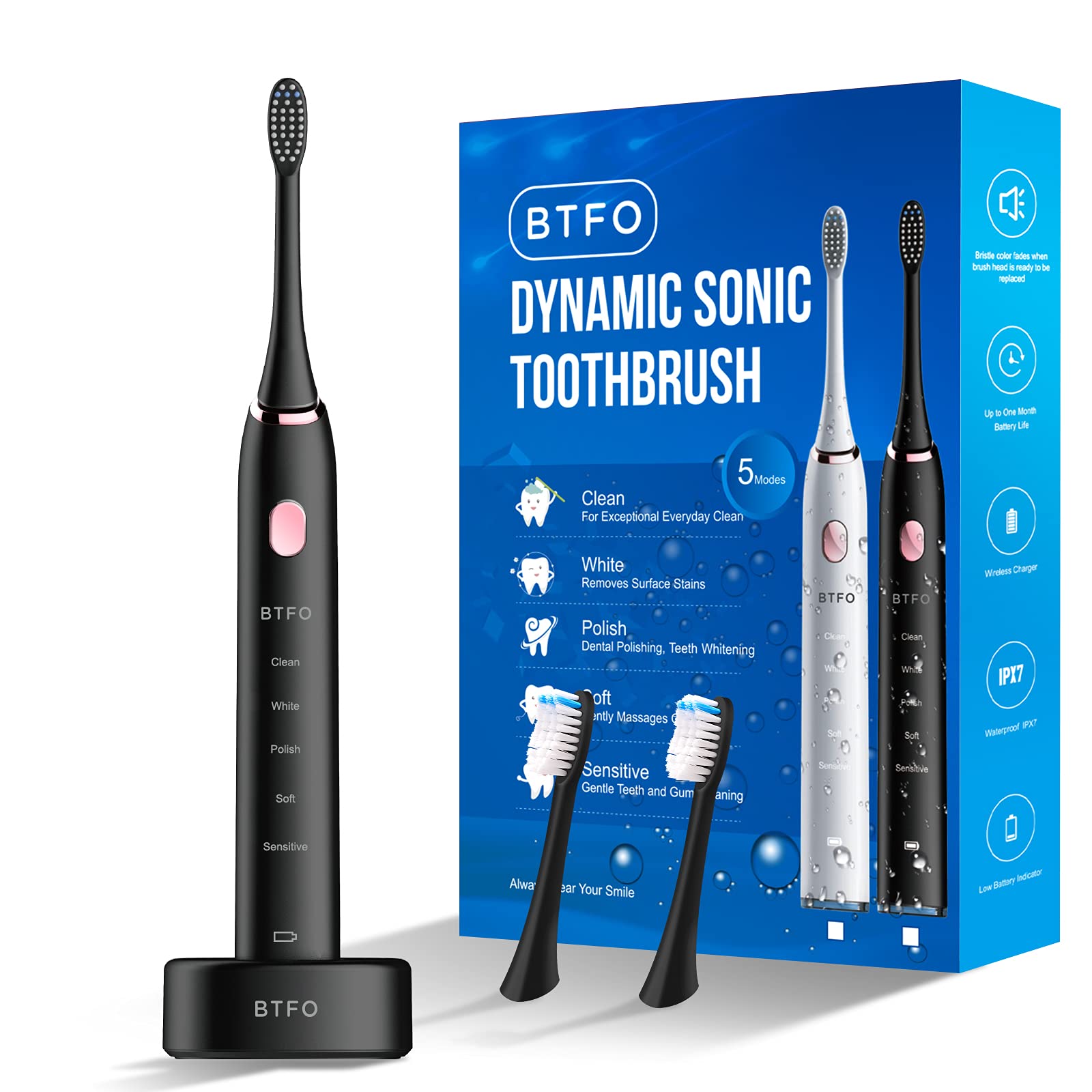 BTFO Sonic Electric Toothbrush with 5 Modes, 2pcs Replacement Brush Heads USB Rechargeable Smart Electronic Toothbrush with Holder for Adults IPX7 Waterproof Smart Timing Fast Charging (Black)