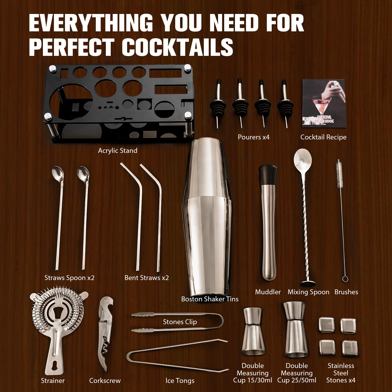 Cocktail Shaker Set, 23-Piece Boston Stainless Steel Bartender Kit with Acrylic Stand & Cocktail Recipes Booklet, Professional Bar Tools for Drink Mixing, Home, Bar, Party (Include 4 Whiskey Stones) - Image 6