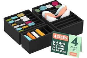 RUBOXA Dresser Organizer, [4 Pk] Black Fabric Dresser Drawer Organizers (4 Sizes With 45 Slots) Foldable Underwear Drawer Organizer Breathable Bins for Bra, Lingerie, Socks, Scarves, Belt, Tie, Baby Clothes.
