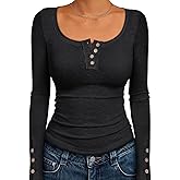 Kissfix Long Sleeve Shirts for Women Fall Winter Henley Tops Business Casual Ribbed Blouses Date Night Trendy Outfits