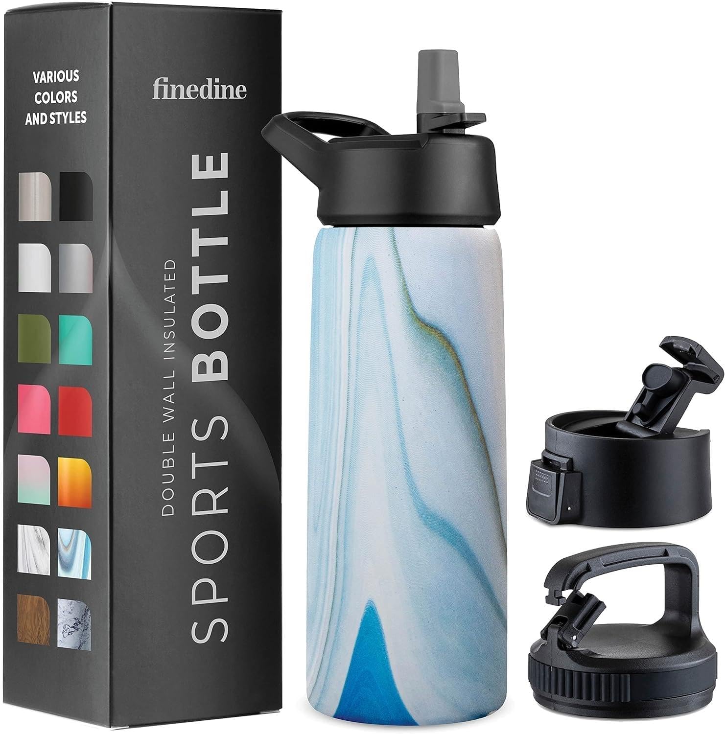 Photo 1 of FineDine Water Bottle - Stainless Steel Insulated Water Bottle with Straw Lid, Flip Lid & Wide-Mouth Cap - Keeps Hot and Cold - 25 Oz / 739ml - Exquisite Blue Marble