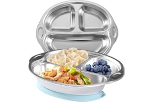 Mrs. Chou® Stainless Steel Kids Plates Suction Plates Divided Baby Plates Toddler Plate, Ideal for Infant Baby-Led Weaning Bowls Non-Toxic Feeding Supplies Dishwasher Safe BPA-Free 100% Food-Grade