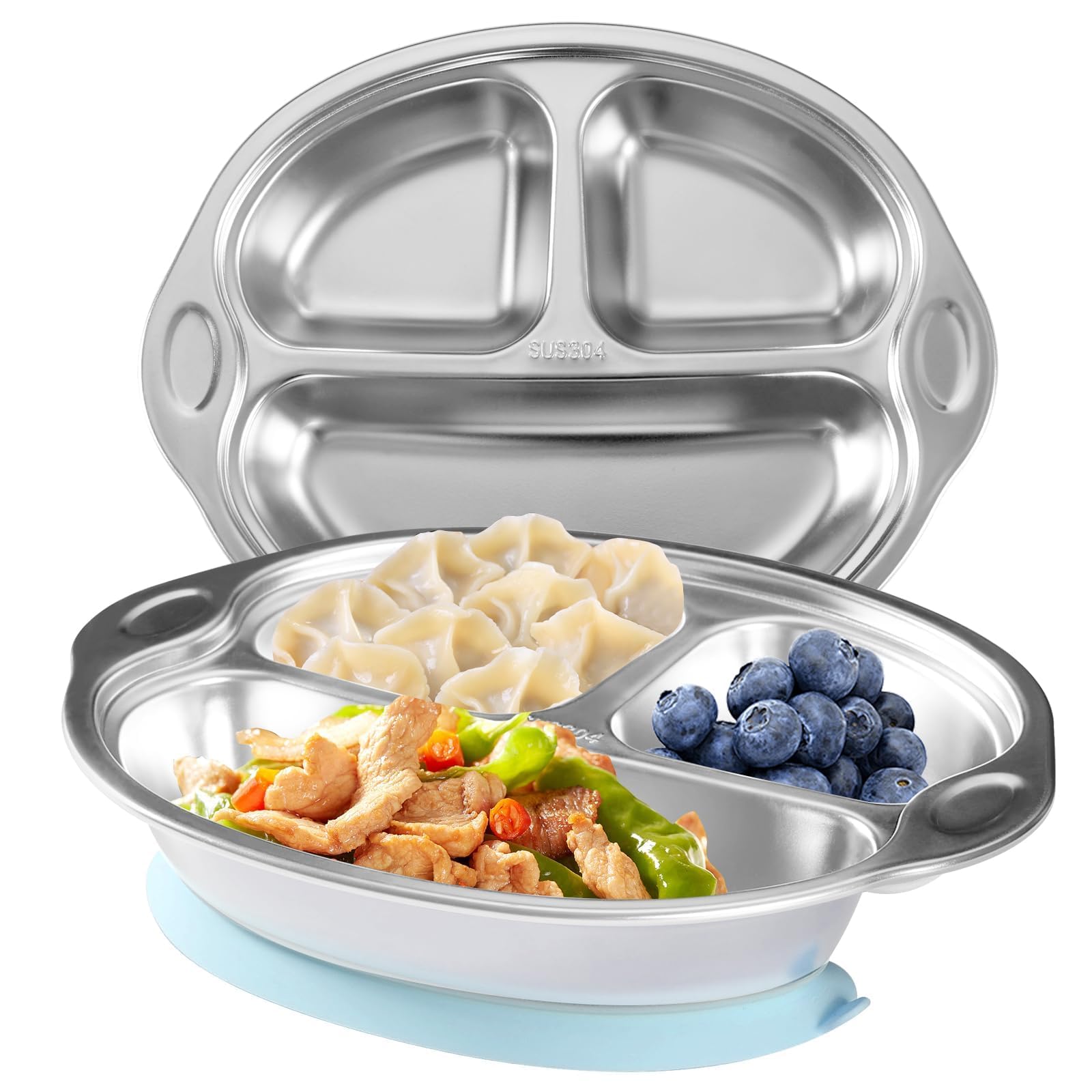 Photo 1 of **HAS SCRATCHES** Mrs. Chou® Stainless Steel Kids Plates Suction Plates Divided Baby Plates Toddler Plate, Ideal for Infant Baby-Led Weaning Bowls Non-Toxic Feeding Supplies Dishwasher Safe BPA-Free 100% Food-Grade