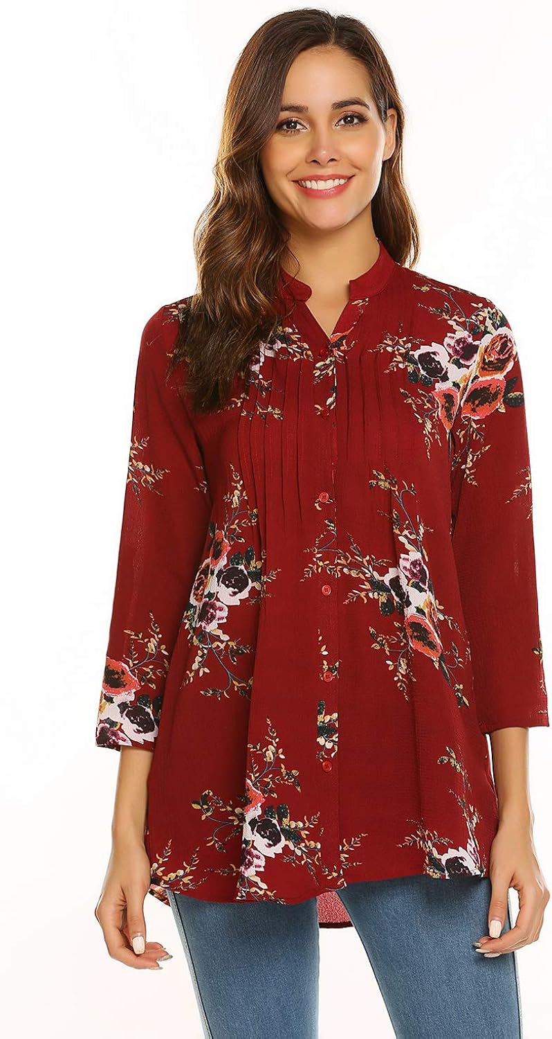 Sufiya Womens V Neck 3/4 Cuffed Sleeve Shirts Henley Blouse Casual Button Down Tunic Tops at 
