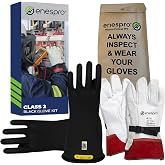 Enespro Class 2 Insulated Electrical Gloves Kit, 17,000V AC/25,500V DC | ASTM D120 &amp; NFPA 70E: Rubber gloves with leather protectors, storage bag for utility crews, Black, Size 10