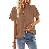 Falechay Womens Tops Butterfly Sleeve V Neck Blouses for Women Dressy Casual Flowy Swiss Dot Ruffle Short Sleeve Shirts