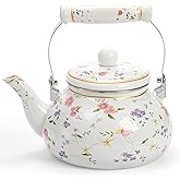 Jucoan Vintage Enamel Tea Kettle, 2.6 Quart Floral Enamel Water Kettle Teapot with Porcelain Handle for Stovetop Home Kitchen