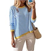 SweatyRocks Women's Oversized Striped Sweaters Crew Neck Long Sleeve Contrast Binding Knit Pullovers