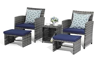 OC Orange-Casual 5 Piece Patio Furniture Set, Wicker Outdoor Conversation Chair and Ottoman Set with Coffee Table, Pillows Included, for Balcony, Porch, Deck, Navy Blue