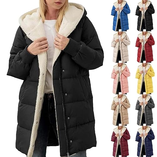 winter jackets for women uk,autumn jackets for women uk,Winter Coats for Women UK Puffer Fleece Jacket Hooded Trench Coat Ladies Jackets Outerwear Overcoat with Pockets,Black,XL