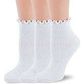 TZYDMN Women Ruffle Crew Socks Lightweight Thin Stripe Turn-Cuff Cute Girls Cotton Socks 3 Pairs