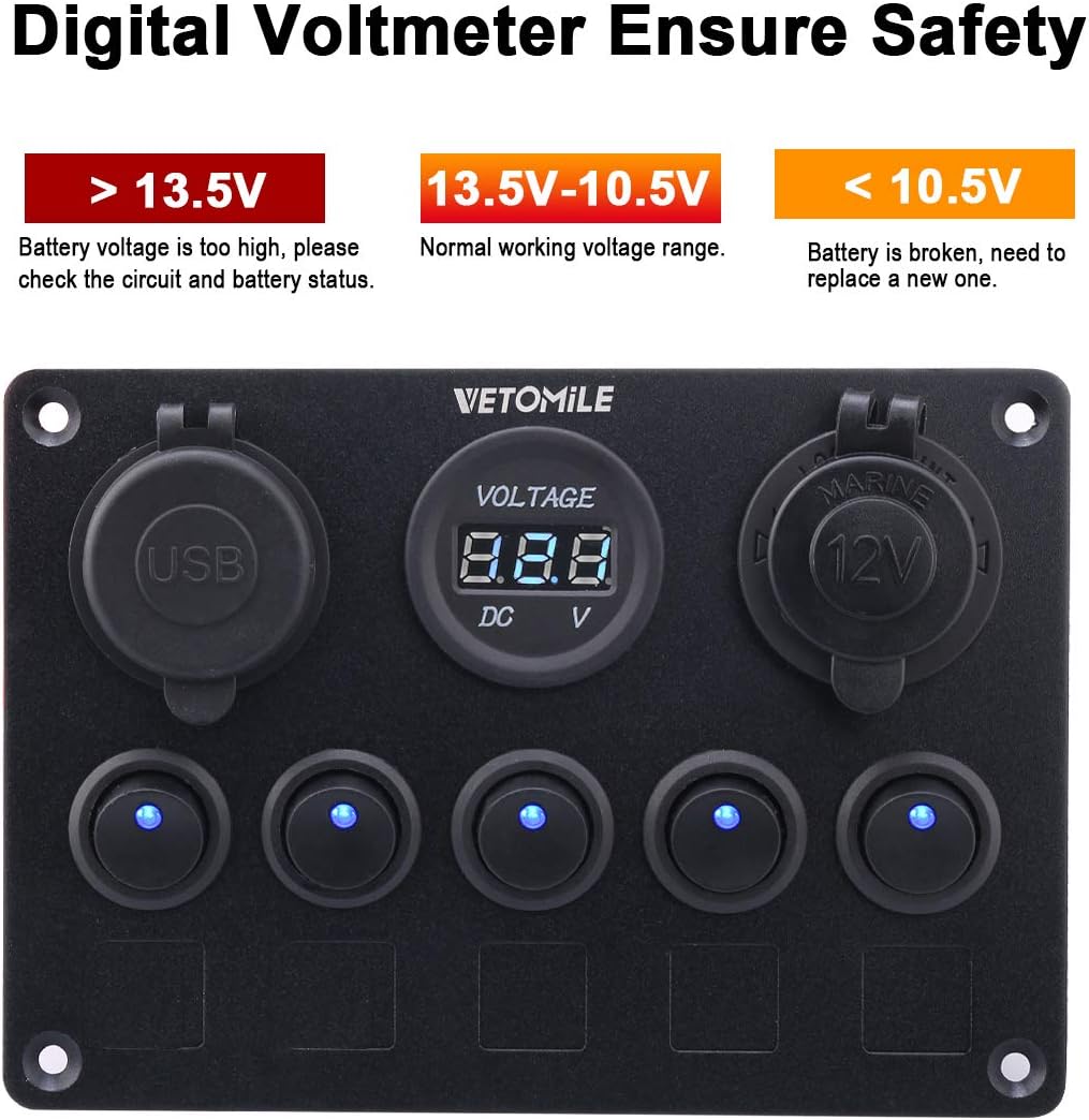 VETOMILE Boat Marin Rocker Switch Panel Waterproof 3 Pin 5 Gang Marine Fuse Digital Voltage Display Dual 5V/2.1A USB Charger Cigarette Lighter Socket 12V-24V for Car Truck: Automotive