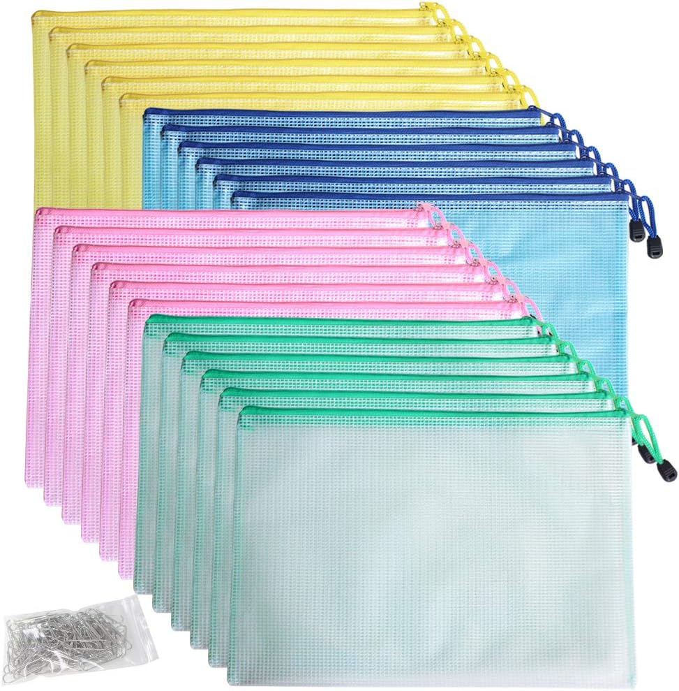 Qualsen 24 pcs Mesh Zipper File Bags A4, Waterproof Plastic Document