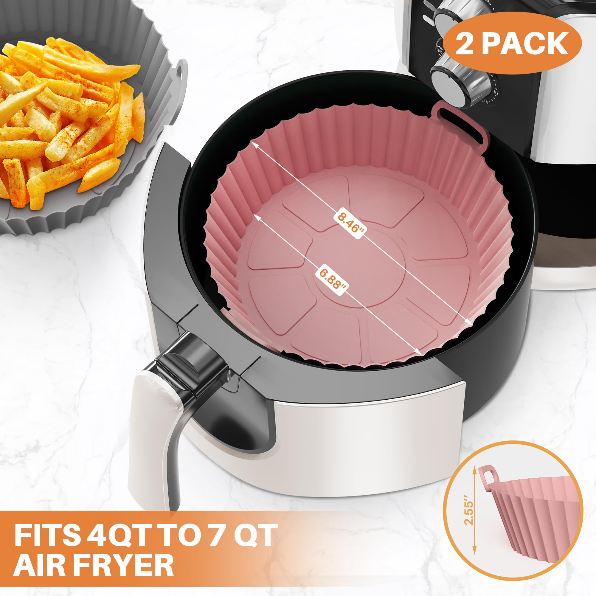 ME.FAN Air Fryer Silicone Liners for 4 to 7 QT [2 Pack] Reusable Air Fryer Basket with Handles & Holes Rose Pink + Light Grey