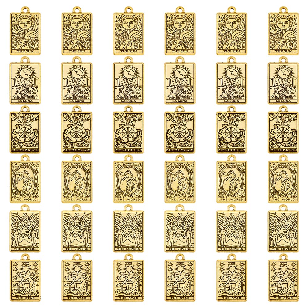 DICOSMETIC 36Pcs 6 Styles Tarot Charms - Antique Golden Tibetan Style Alloy Pendants Sun Moon Divination Rectangle Magic for DIY Jewelry Making