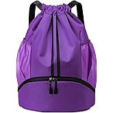 JELUTAR Drawstring Backpack Gym Bag with Shoes Compartment for Soccer, Basketball, Swim, Water-Resistant String Backpack Beach Cinch for Women Men, Purple