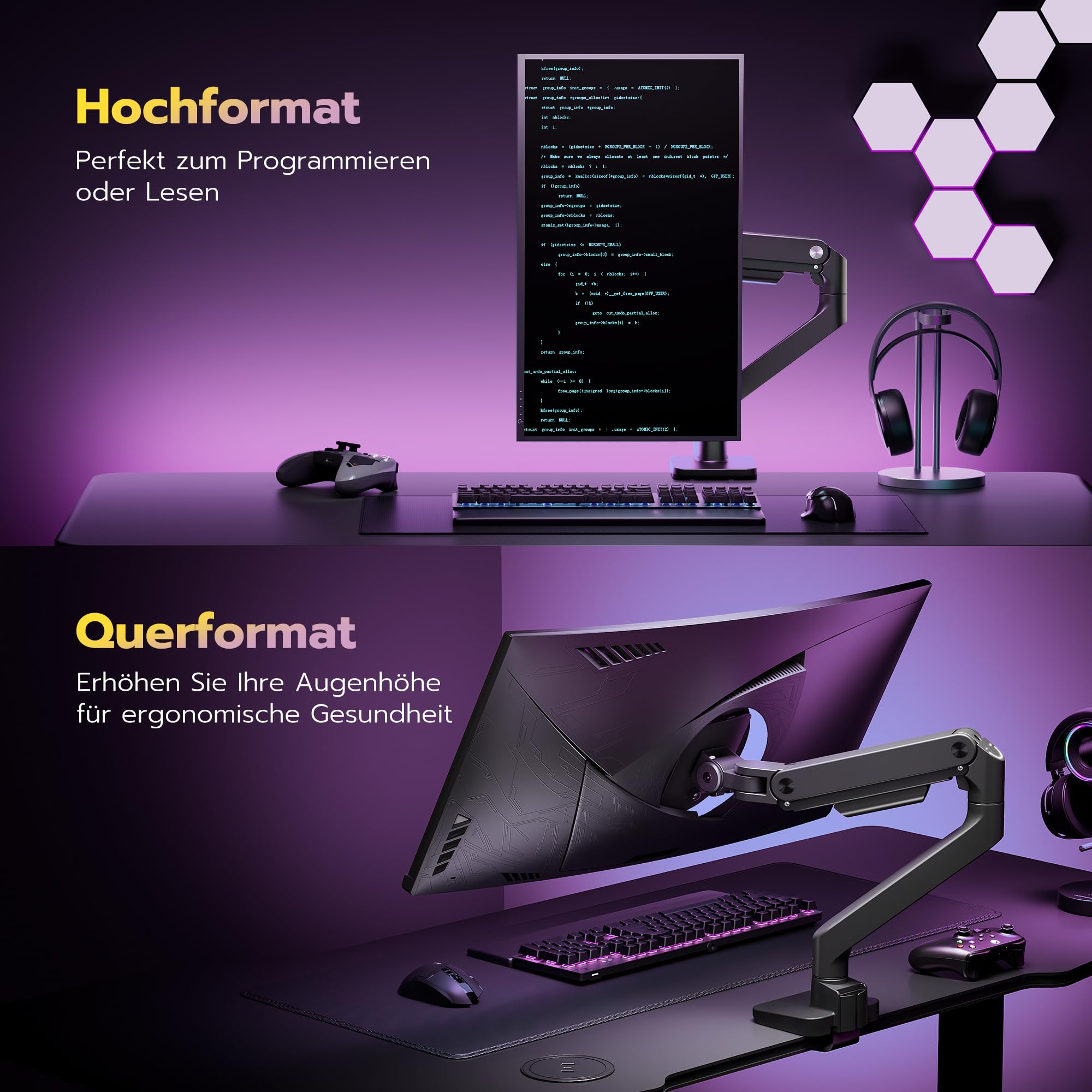 ARES WING Monitor Halterung für 17 bis 49 Zoll Bildschirme, Monitor Arm mit Gasfeder, Verstellbarer Monitorständer für 20Kg Computer Bildschirme, Monitorhalterung VESA 75/100 mm,Schwarz 6