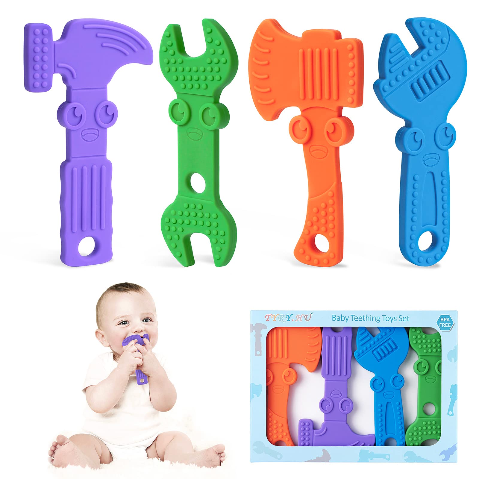TYRY.HU Teething Toys for Baby Silicone Training Baby Toothbrush Teether Chew Toy Teether Chew Toy Sensory Cooling,Hammer Wrench Spanner Pliers Tools Shape Gifts for Newborn Boys and Girls