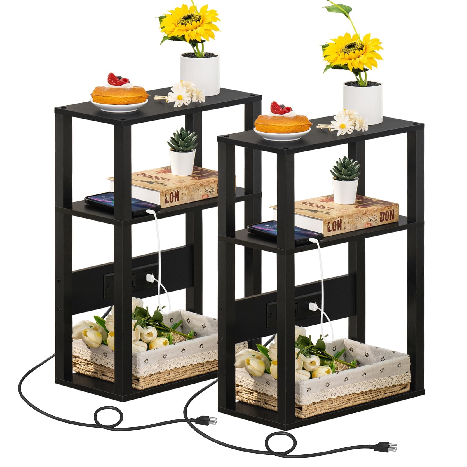 YUFAM 3-Tier Small Narrow Wood Side Table Set of 2 with Charging Station - Skinny Nightstand for Small Spaces, Slim Bedside Table with USB Ports and Outlets - Thin End Table with Storage, Black