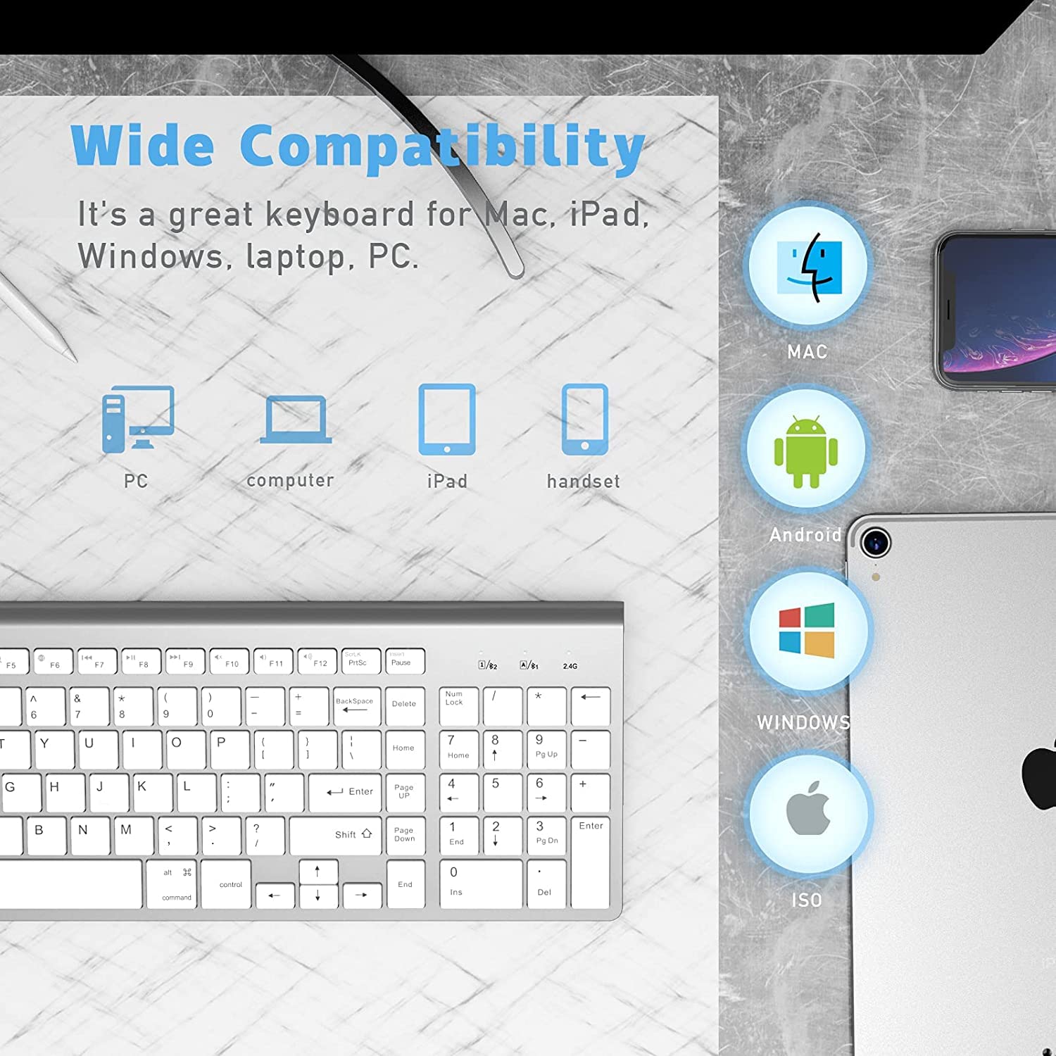 JOYACCESS Bluetooth Keyboard with Number Pad, Multi-Device Wireless Keyboard Compatible with iMac, Mac, MacBook Air/Pro, Laptop, Android, Windows - Silver