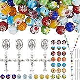 SUNNYCLUE 228Pcs Rosary Making Kit Rosary Crosses Crucifix Charm Easter Chandelier Component Link Charms Millefiori Lampwork Glass Beads for Jewelry Making Supplies Necklace Bracelets Holiday