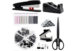 Black Office Supplies,UPIHO Black Desk Accessories,Stapler and Tape Dispenser Set for with Large Stapler,Tape Dispenser, Staple Remover, Staples, Clips,Scissor and Tabs,Gifts for Office Clerks