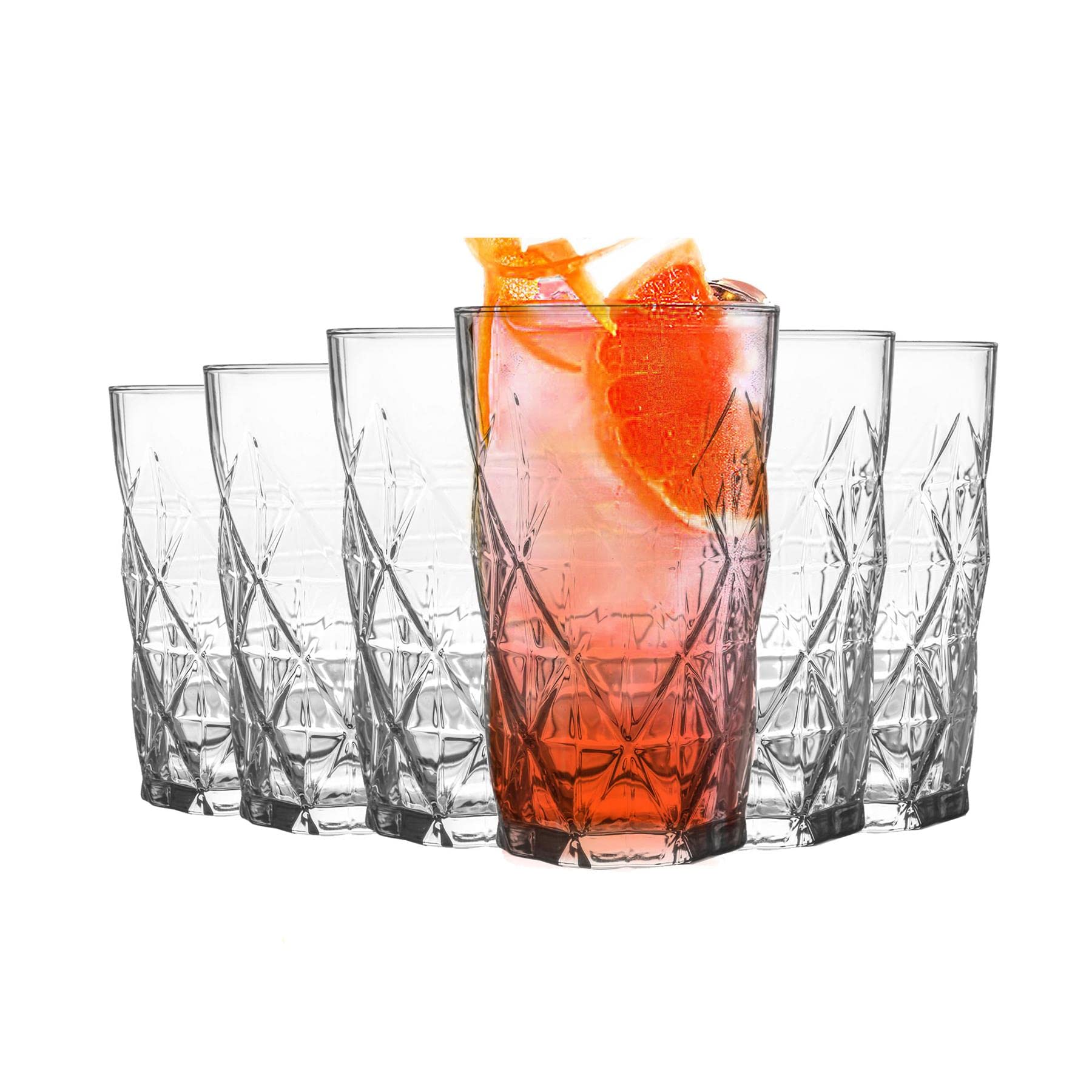 LAV Keops Art Deco Highball Glasses - 460ml - Pack of 6 Vintage Cut Glass Long Drink Cocktail Tumblers