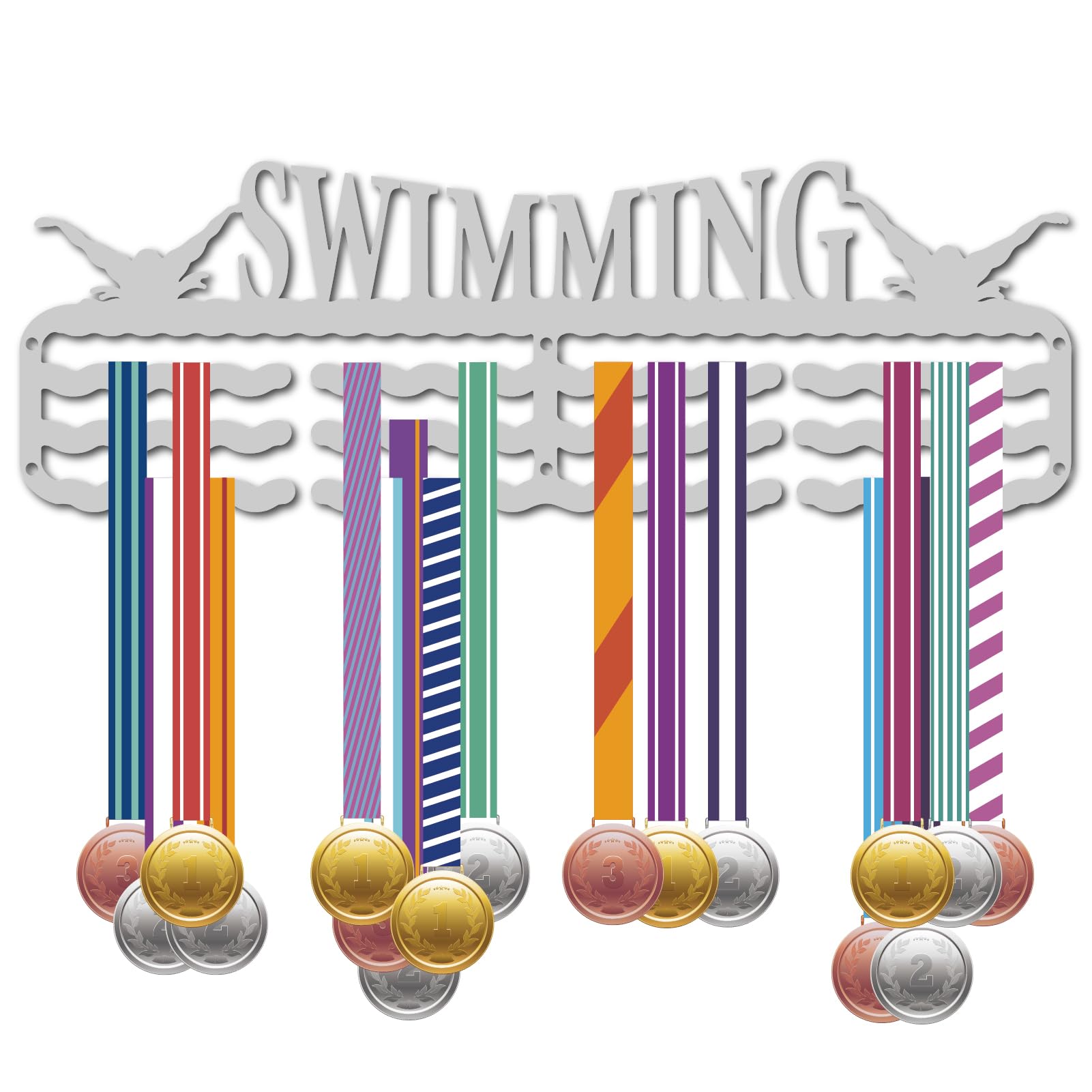 CREATCABIN Swimming Medal Hanger Medal Holder Display Rack Wall Mount Frame Shelf Sports Medal Metal Hanger 3 Wave Lines for 60 Medals Awards Ribbon Race Runner Gymnastics Soccer 6x15.7Inch(Silvery)