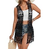 GLEAMISS Women's Crochet Floral Vest Lace Trim Boho Sleeveless Cardigan