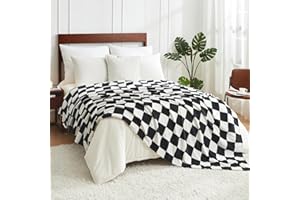 Cozy Bliss Checkered Bed Blanket Queen Size - Ultra Soft Warm Plush Blanket for Bed, Black White 90x90 inches