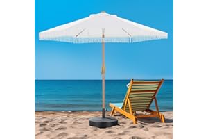 GDY 7.5 ft Tassel Patio Umbrella, Fringe with Base Umbrella - Stylish Beach, Pool, and Yard Umbrella for Ultimate Outdoor Decor, White
