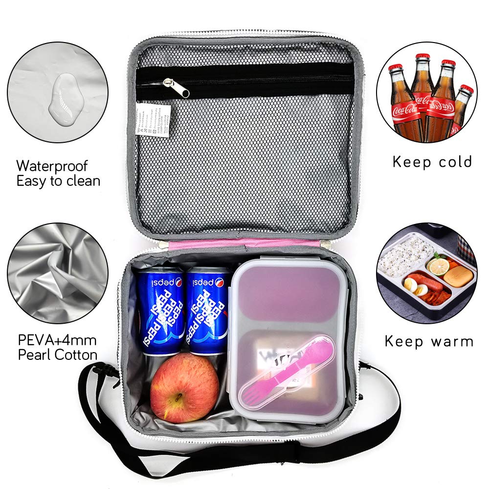 Insulated Unicorn Lunch Bag for Girls, Flippy Sequin Kids Lunch Box with Shoulder Strap and Compartment, Childrens Picnic Cooler Bag with Bottle Holder, Personalised Lunch Tote Bag for School