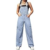 Womens Overalls Demin Wide Leg Cargo jumpsuit Loose Fit Bib Baggy Jean Overalls Adjustable Straps for Women.