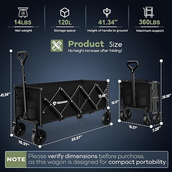 HIKEMOON 34” EXTRA LONG COLLAPSIBLE WAGONS CARTS FOLDABLE, 360LBS HEAVY DUTY FOLDING BEACH WAGON CART WITH WHEELS, PORTABLE UTILITY OUTDOOR WAGON FOR GROCERY, SHOPPING, GARDEN, SPORTS, CAMPING, BLACK