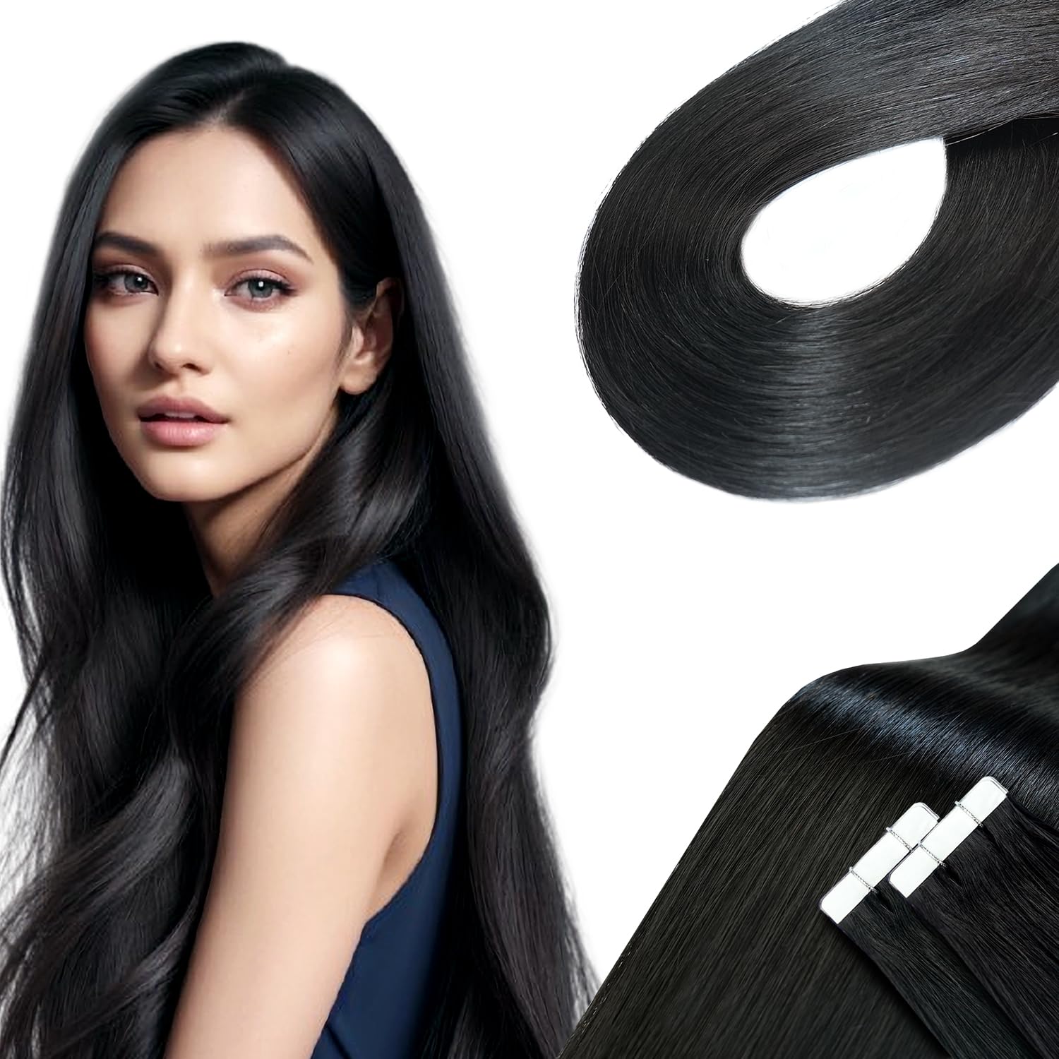 Qingliang Tape in Hair Extensions Human Hair Black Hair Extensions 20 Pcs 50g - Seamless Skin Weft Real Remy Straight Hair (#Off Black,24 inch)